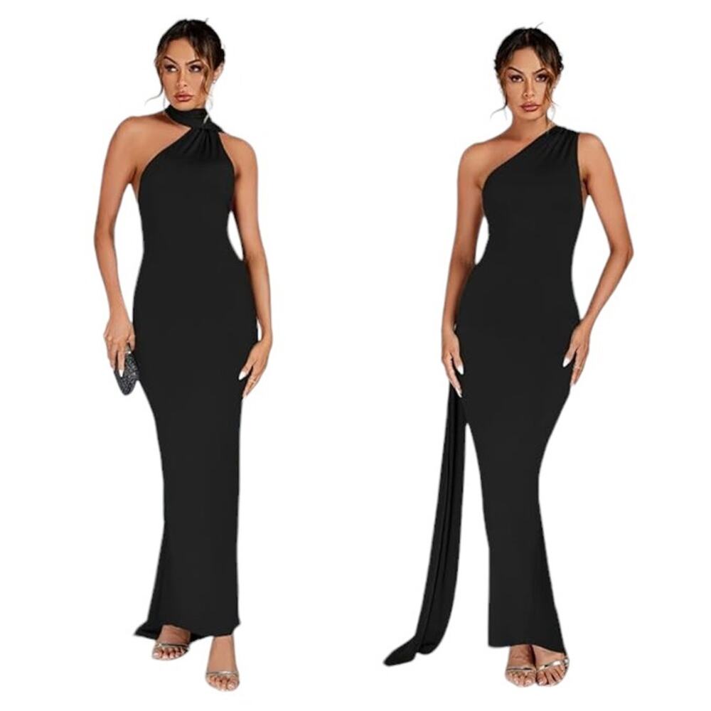 Abyovrt Sexy Backless, Bodycon Sleeveless Open Back Maxi, Long Dress, Black, S